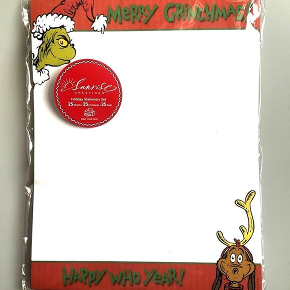 DR SEUSS "MERRY GRINCHMASS" "HAPPY WHO YEAR" SUNRISE GREETING STATIONERY SET - Picture 1 of 8